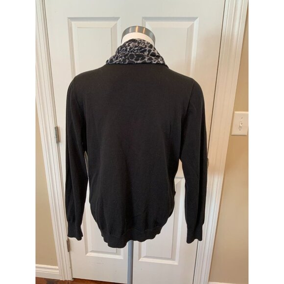T Tahari Black Cardigan Sweater w/ Gray/Cream Leopard Print Trim, Sz L (Petite) - Picture 5 of 6